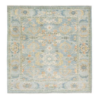 Modern Sultanabad Square Wool Rug - Light Blue & Terracotta Hand-Knotted For Sale
