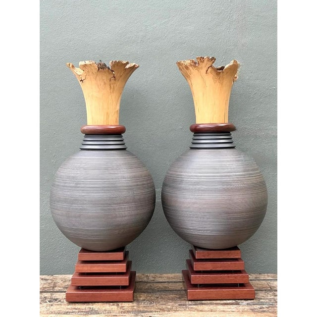 Vintage Monumental Sculptural Wood Urns - A Pair For Sale - Image 11 of 12
