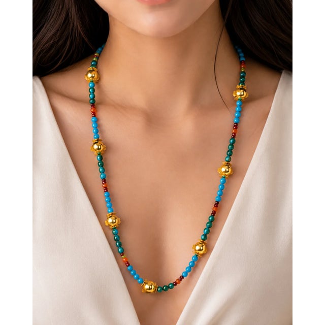Contemporary Late 20th Century 14K Yellow Gold Turquoise Carnelian Peridot Garnet Beaded Strand Necklace For Sale - Image 3 of 3