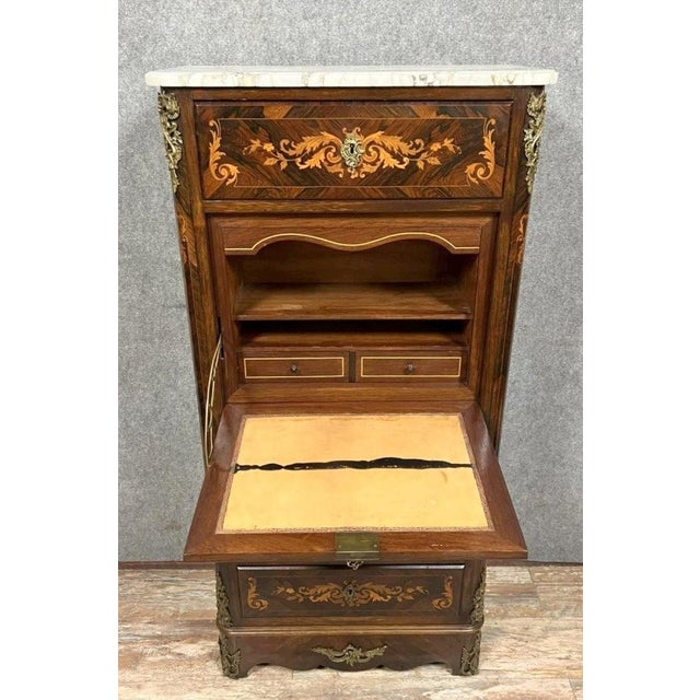 Napoleon III Lady's Secretary in Precious Woods Marquetry with Floral Scrolls and Vase For Sale - Image 3 of 4