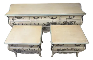 1960s French Provincial Hand-Painted Bombe Dresser & Nightstands – 3-Piece Set (Very Nice)