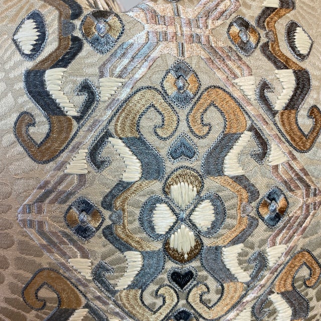 Custom pair of 22” pillows covered in Beacon Hill “Ammolite Silver Gold, a silk embroidered fabric that is backed for...