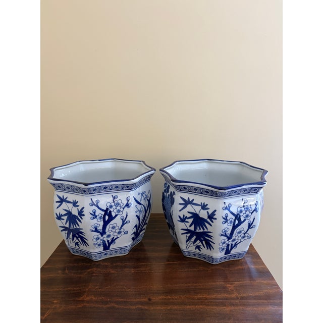 Chinoiserie Chinoiserie Large Blue and White Porcelain Planters, Pair For Sale - Image 3 of 6