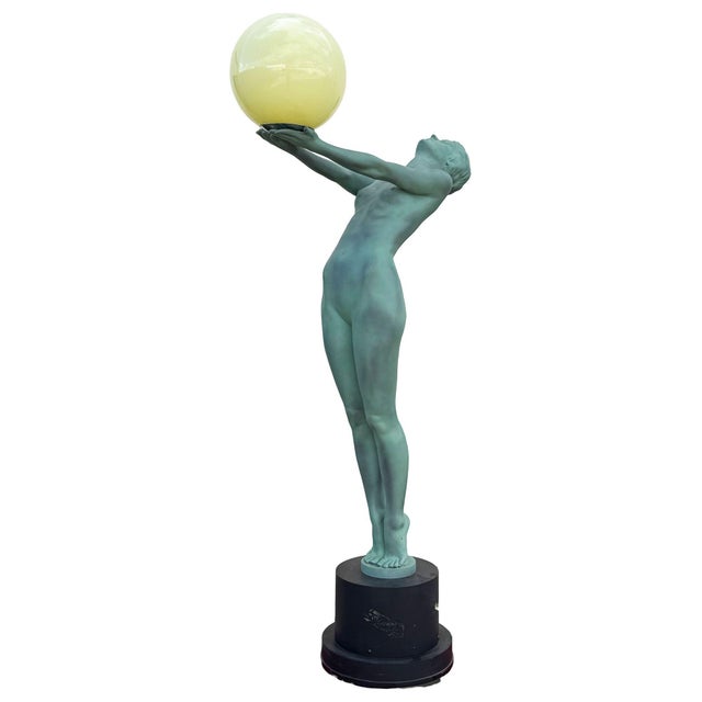 6' Art Deco "Clarte" Biba Nude Green Patina Floor Lamp, Max Le Verrier Style For Sale - Image 4 of 10