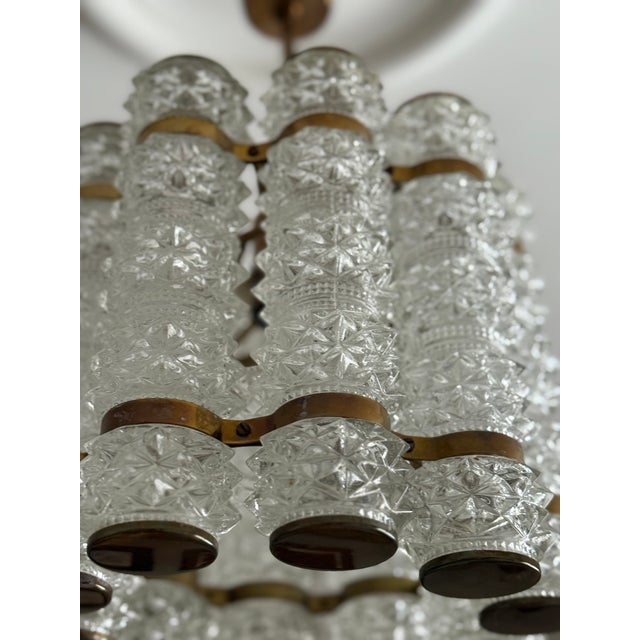 Metal Small Crystal & Brass Cylinder Chandelier by Orrefors for Tyringe, Sweden, 1960s For Sale - Image 7 of 10