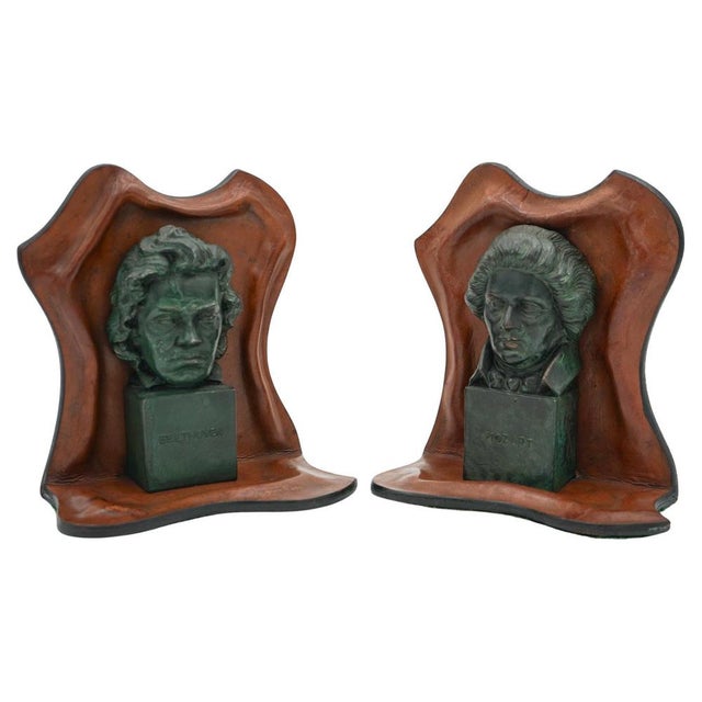 Mozart and Beethoven Leather Bookends with Patina, Set of 2 For Sale - Image 15 of 15