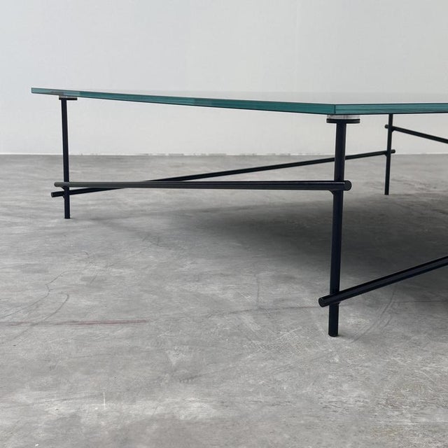 Minimalist Black Glass Coffee Table with Industrial Metal Base For Sale - Image 5 of 11