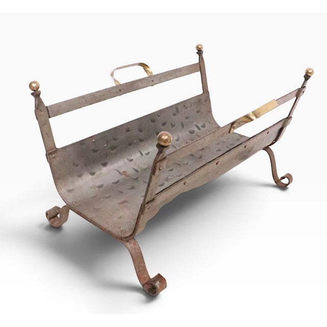 Mid 20th Century Mid 20th Century Arts and Crafts Style Iron and Brass Firewood Log Holder For Sale - Image 5 of 13