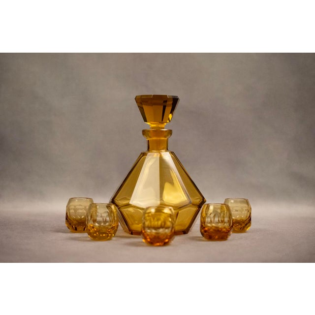 Art Deco Carafe and Liqueur Glasses in Frosted Orange Faceted Glass by Rudolf Eschler for Moser Karlsbad, 1940s, Set of 6,...