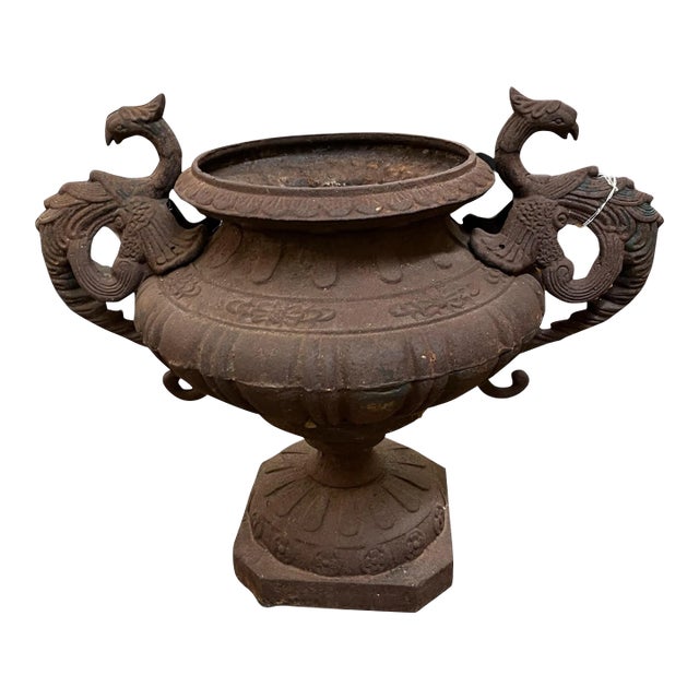 Early 20th Century Cast Iron Urn With Dragon Handles For Sale