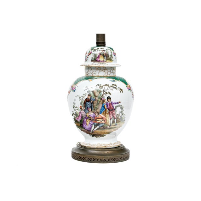 Antique Continental Hand-Painted Porcelain Baluster Jar Table Lamp | Watteau Figural Scenes | C. 1890 For Sale - Image 10 of 12