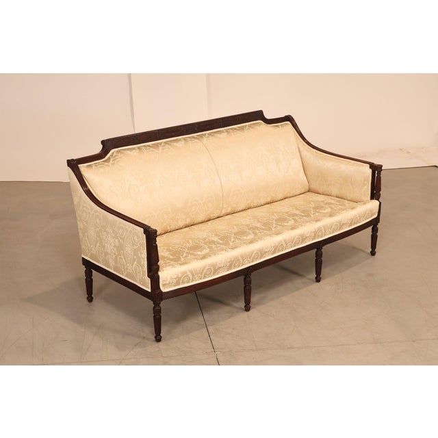 Traditional Federal Sheraton Style Upholstered Sofa With Carved Wood Frame For Sale - Image 3 of 18