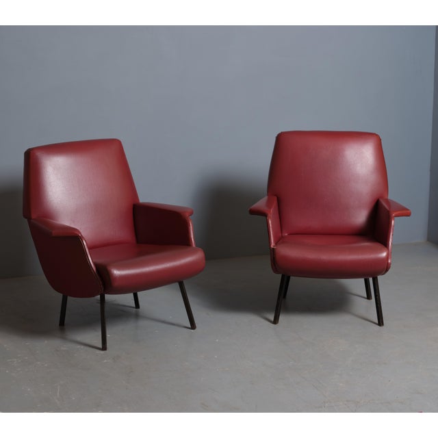 Italian Red Skai Armchairs with Black Lacquered Iron Legs, 1950s, Set of 2 For Sale - Image 6 of 6