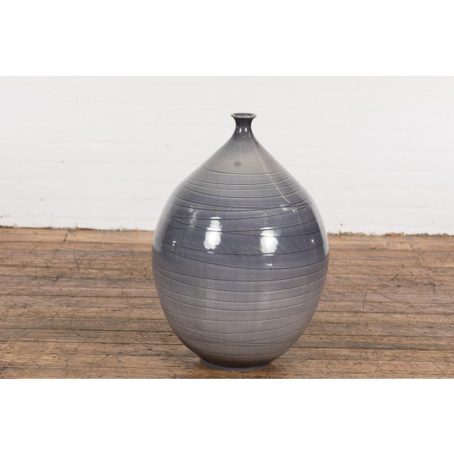Prem Collection Hand Crafted Artisan Vase with Narrow Mouth and Blue Grey Glaze For Sale - Image 9 of 12