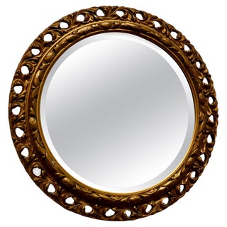 Carved Bevelled Gilt Round Wall Mirror, 1920 For Sale