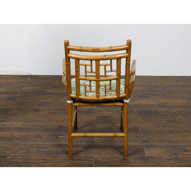 Textile Set of Four Midcentury English Faux Bamboo Armchairs with Thin Cushions For Sale - Image 7 of 12
