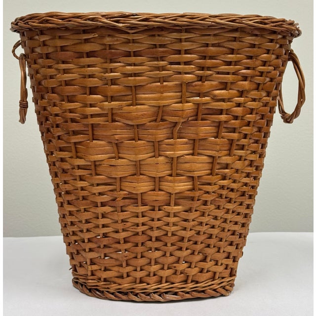 Boho Chic Vintage Handwoven Split Reed and Wicker Waste Basket For Sale - Image 3 of 10