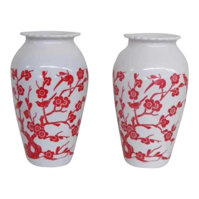 Anchor Hocking Red Birds Cherry Blossoms Milk Glass Vases a Pair For Sale