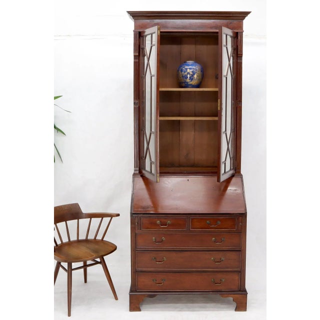 Wood Tall Narrow English Turn of Century Mahogany Georgian Secretary Beveled Glass For Sale - Image 7 of 13
