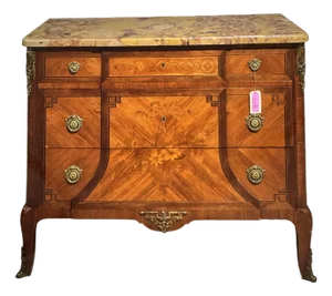 1930s French Marquetry Inlaid Marble Top Chest