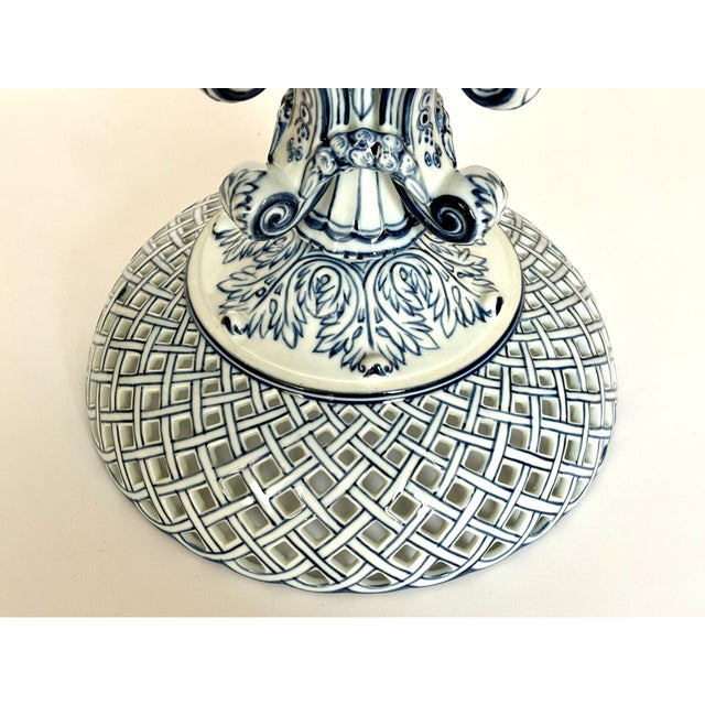 1990s Vintage Mid-Century Modern Bombay Company Blue Reticulated Compote Pedestal Bowl For Sale - Image 5 of 7