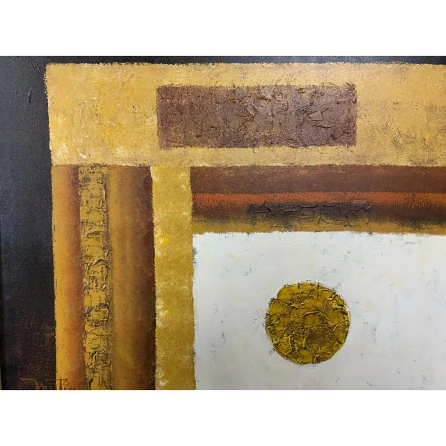 Signed abstract geometric oil on canvas, great impasto texture in areas, signature to the lower left corner reads...