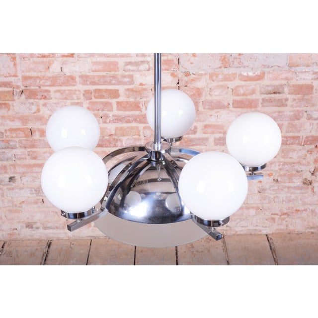 Bauhaus Chandelier in Chrome-Plated Steel and Opaline Glass, Czech, 1930s For Sale - Image 4 of 11