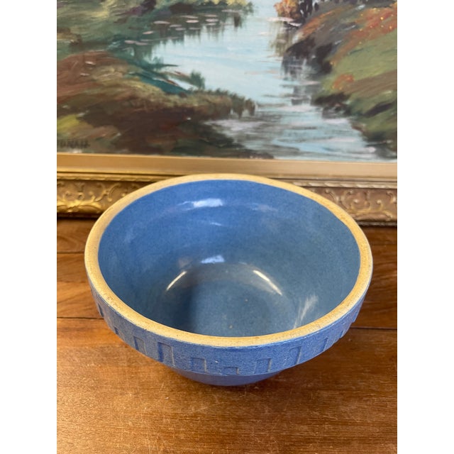 Ceramic Vintage Blue Stoneware Mixing Bowl With Geometric Band - Marked "Ni-L" For Sale - Image 7 of 9