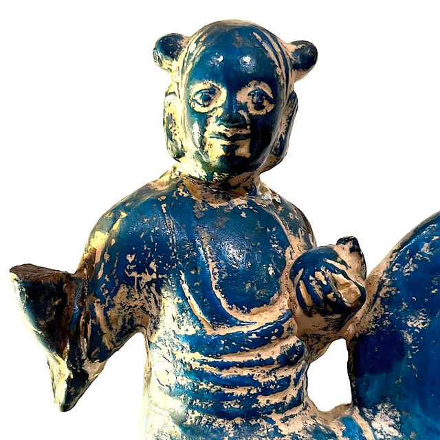 Ceramic 1950's Chinoiserie Stoneware Turquoise Teal Tang Warriors on Horses - Pair For Sale - Image 7 of 12