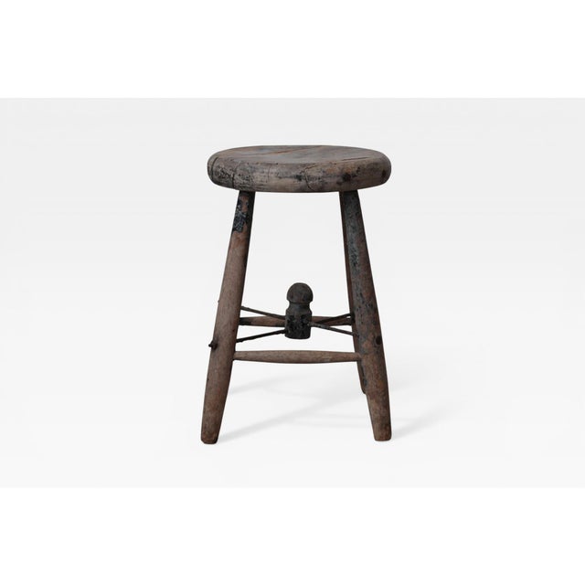 1920s French Rustic Workshop Stool With Iron Stretcher For Sale - Image 10 of 18