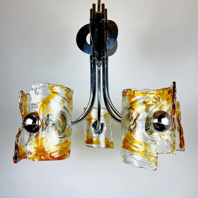 Mid-Century Amber Murano & Chrome Chandelier by Toni Zuccheri for Mazzega, Italy, 1970s For Sale - Image 12 of 15