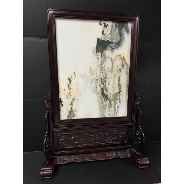Late 20th Century Chinese Art Hardwood and Marble Dream Stone Mini Table Screen For Sale - Image 4 of 11