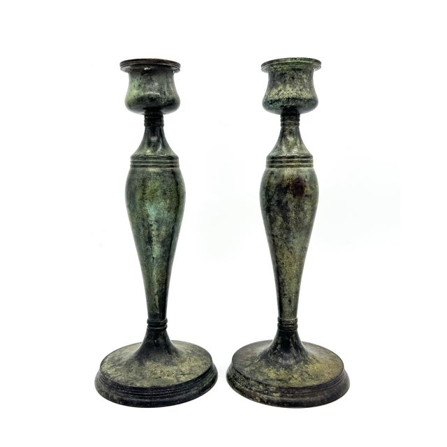 Rustic European Vintage Brass Candlesticks With Verdigris Finish – Pair – Neoclassical / European Traditional For Sale - Image 3 of 9