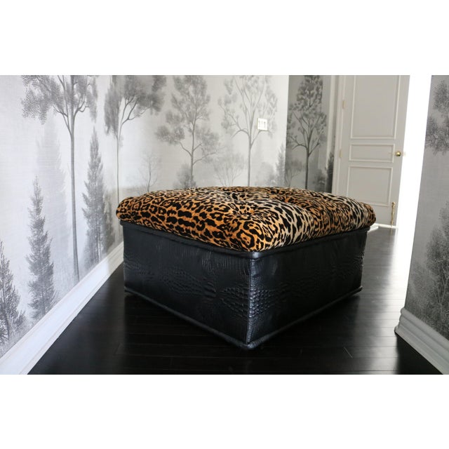Hollywood Regency Vintage Hollywood Regency Style Leopard Velvet Ottoman For Sale - Image 3 of 13