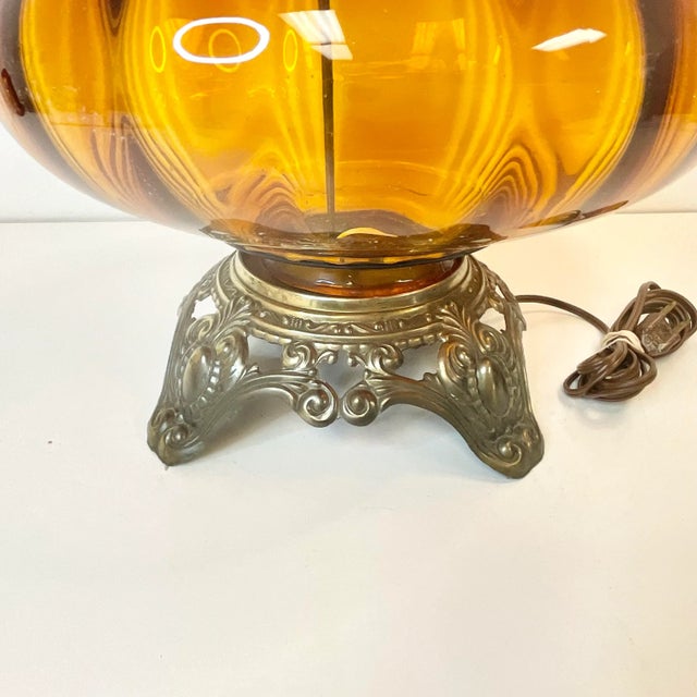 Mid Century Boho Chic Arts & Crafts Amber Glass and Brass Table Lamp For Sale - Image 10 of 10