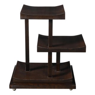Art Deco Rectilinear Swooping Three Tier Walnut Offset Side Table W/ Plinth Base For Sale