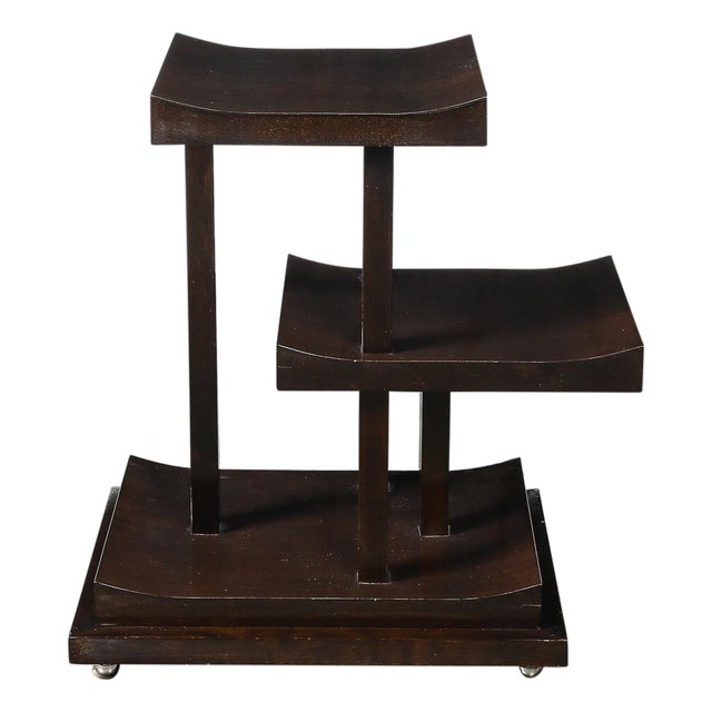 Art Deco Rectilinear Swooping Three Tier Walnut Offset Side Table W/ Plinth Base For Sale