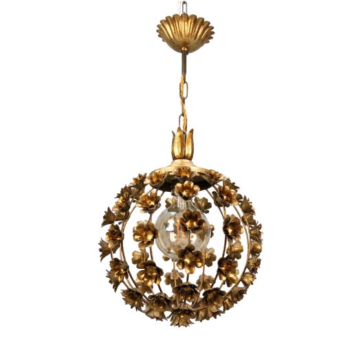 Hollywood Regency Style Gilt Metal Floral Sphere Pendant Light, Italy, 1970s For Sale