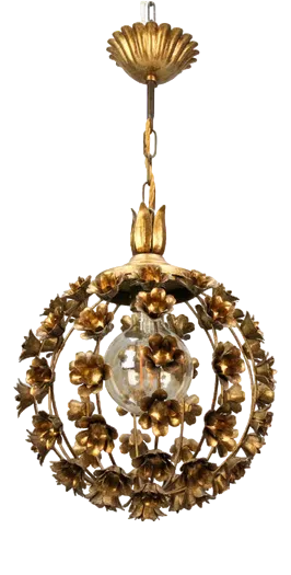 Hollywood Regency Style Gilt Metal Floral Sphere Pendant Light, Italy, 1970s