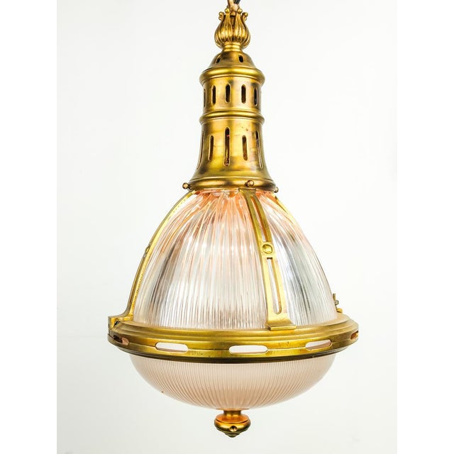 Brass 2 Part Glass Holophane Pendant Light, Belgian, 1890s For Sale - Image 3 of 7