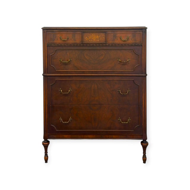 Brown Vintage Traditional Burl Wood Tallboy Dresser With Floral Inlay and Pattern-Lined Drawers. For Sale - Image 8 of 13