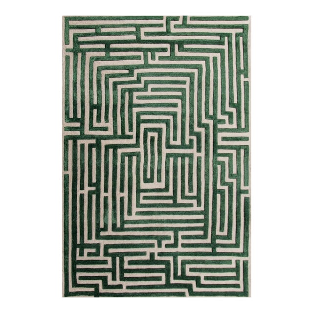 Anatolia Hand-Tufted Maze Rug, Boxwood Green, 6x9 For Sale