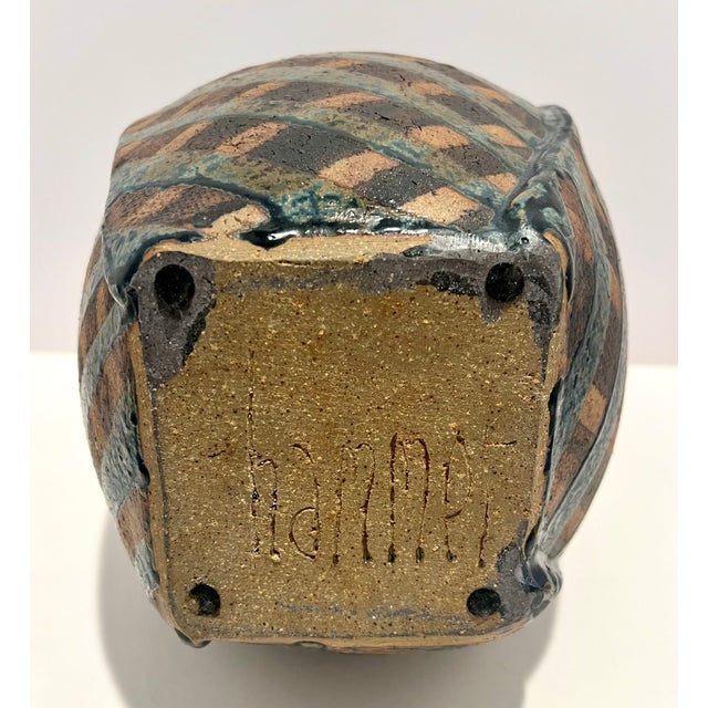 Vintage Signed Hammer Studio Pottery Vase | Brutalist MCM | Checkered Harlequin Pattern | Teal Glaze | Sculptural Square Mouth For Sale In Detroit - Image 6 of 7