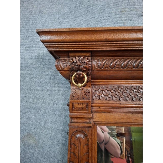 Wood Antique Fireplace Mirror in Carved Oak, 1890s For Sale - Image 7 of 9
