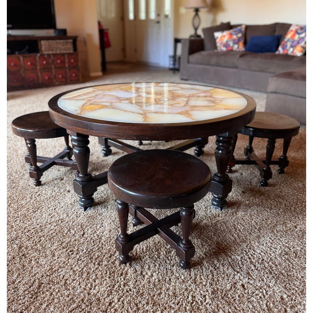 Vintage coffee table featuring a solid natural onyx stone mosaic top in warm tones of cream, honey, and amber. This is a...
