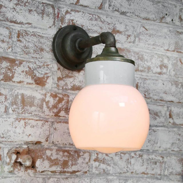 White Vintage Industrial White Porcelain Opaline Milk Glass Brass Wall Lamp For Sale - Image 8 of 11