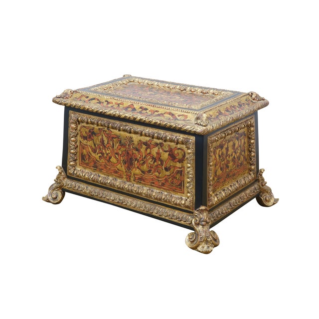 Vintage French Napoleon boulle marquetry style casket / jewelry / desk box featuring ornate black and gold acanthus...