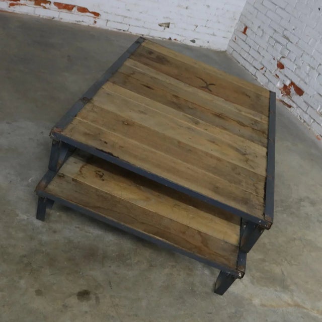 1930s Vintage American Industrial 2 Pallet Coffee Table Oak and Steel Three by Five Feet For Sale - Image 5 of 11