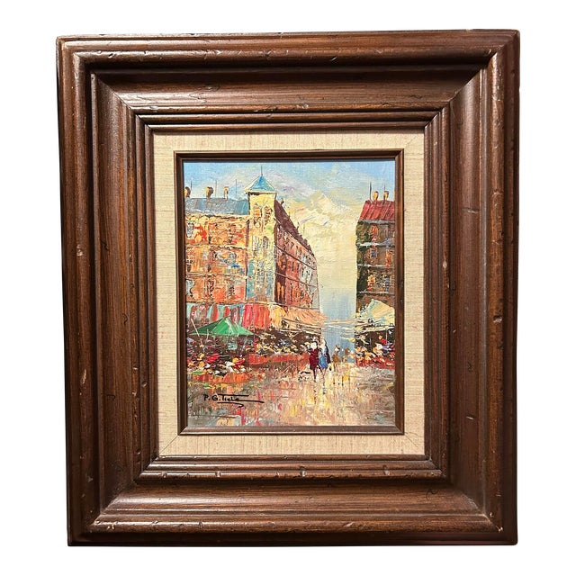 P.G. Tiele, Parisian City Street Scene" Town & Figures Oil Painting Canvas Mid-20th Century, Framed For Sale