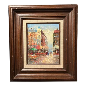 P.G. Tiele, Parisian City Street Scene" Town & Figures Oil Painting Canvas Mid-20th Century, Framed